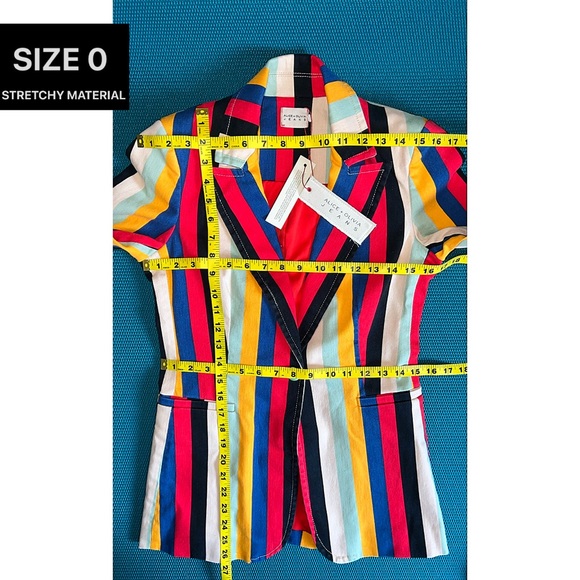 Alice + Olivia Breann Denim Boheme Striped Red Blue Multi Fitted Blazer Jacket - Picture 10 of 16